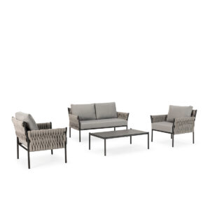 CONJUNTO TERRAZA 80X77X79/147X77X79/110X66X37 CUERDA SINTETICA/TELA/METAL -- GRIS OSCURO/NEGRO